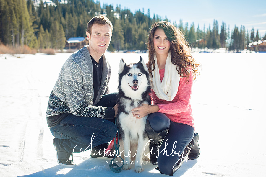 Soda Springs Lake Tahoe engagement session husky dog